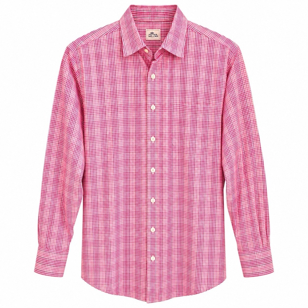 Peter Millar Mens Large Pink Blue Plaid Check Long Sleeve Button DownFront Shirt